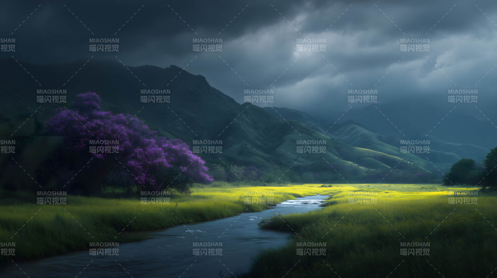 山河景色云雾缭绕紫树图片