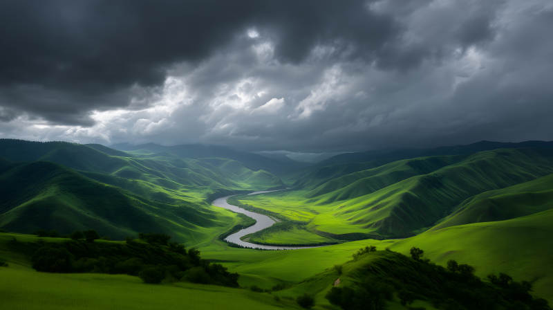 山川河流云层笼罩景色图片