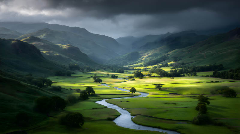山谷河流光影交织图片