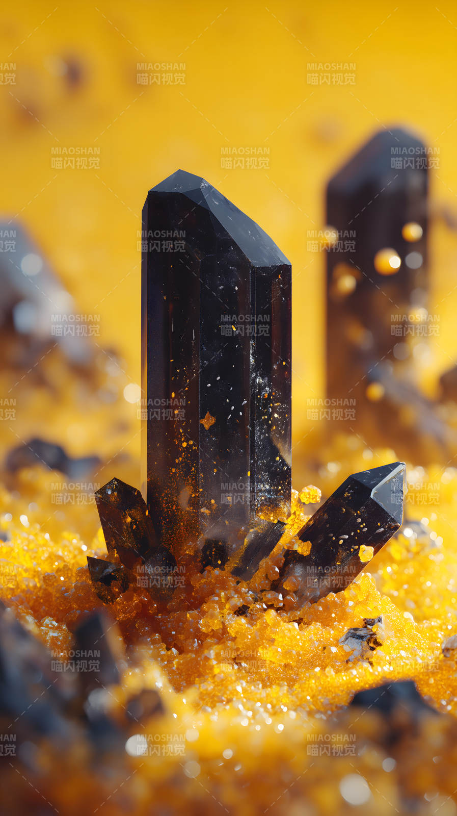 黑色水晶簇拥黄色颗粒图片