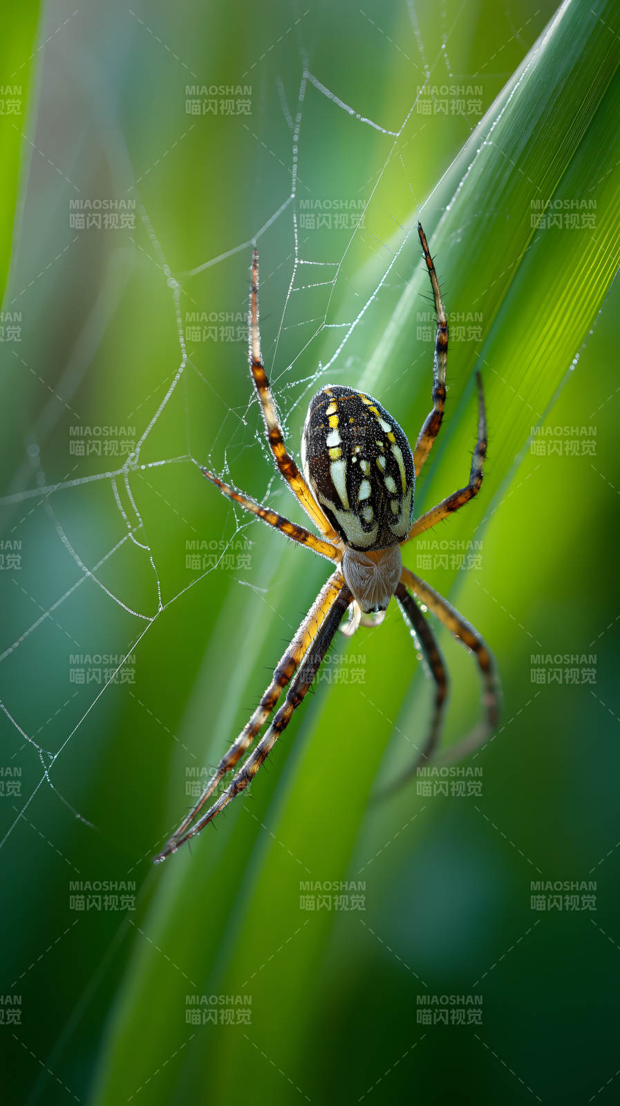 蜘蛛织网翠绿背景图片