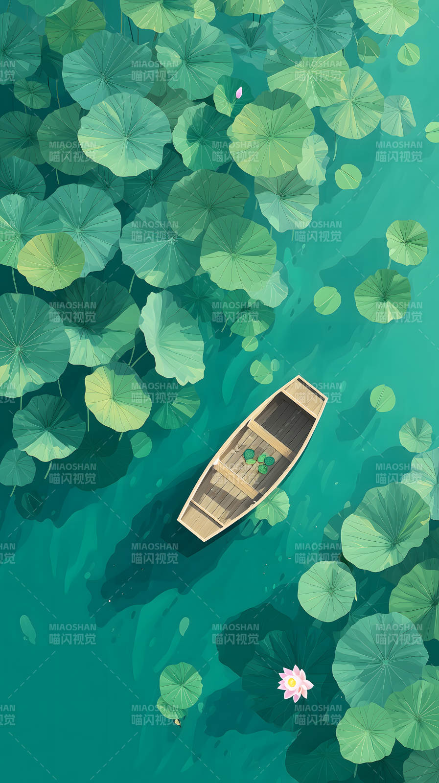 莲叶扁舟碧波荡漾图片