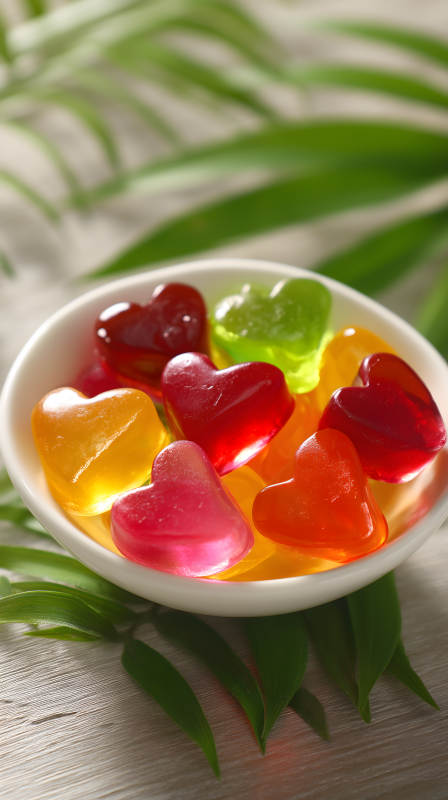 心形软糖与绿叶图片