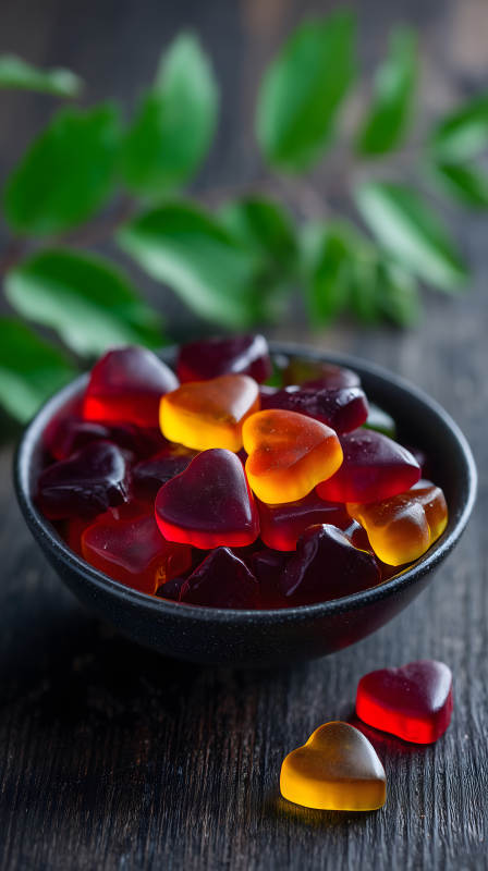 心形软糖盛在黑色碗中图片