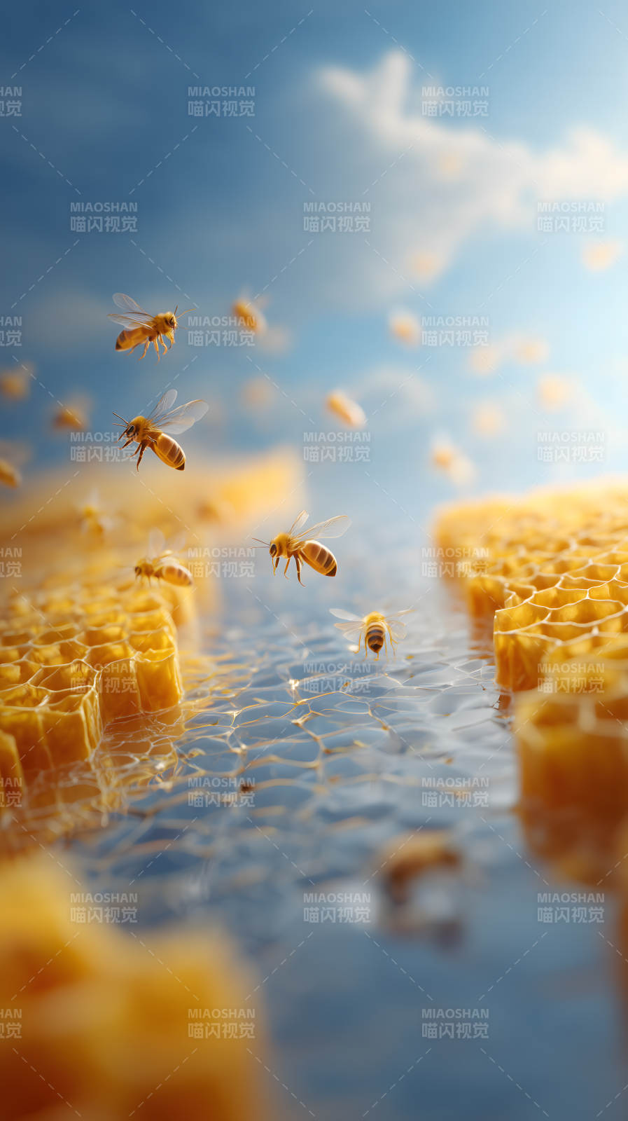 蜂巢与飞舞的蜜蜂图片