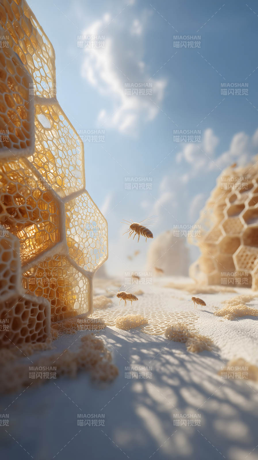 蜂巢上的蜜蜂飞舞图片
