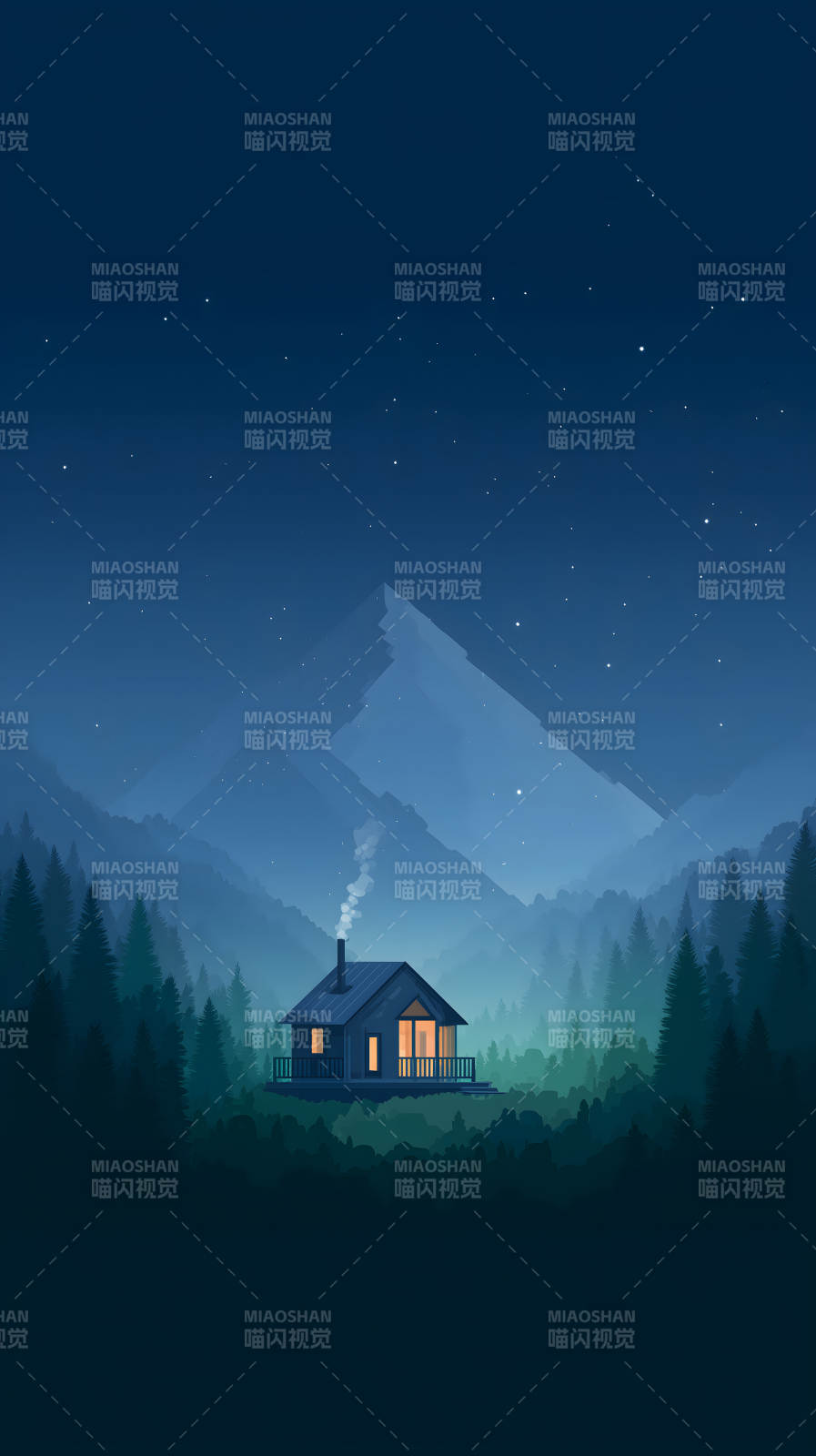 夜幕下的山间小屋图片