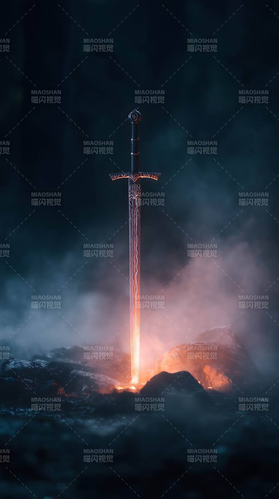 燃烧之剑屹立岩石图片