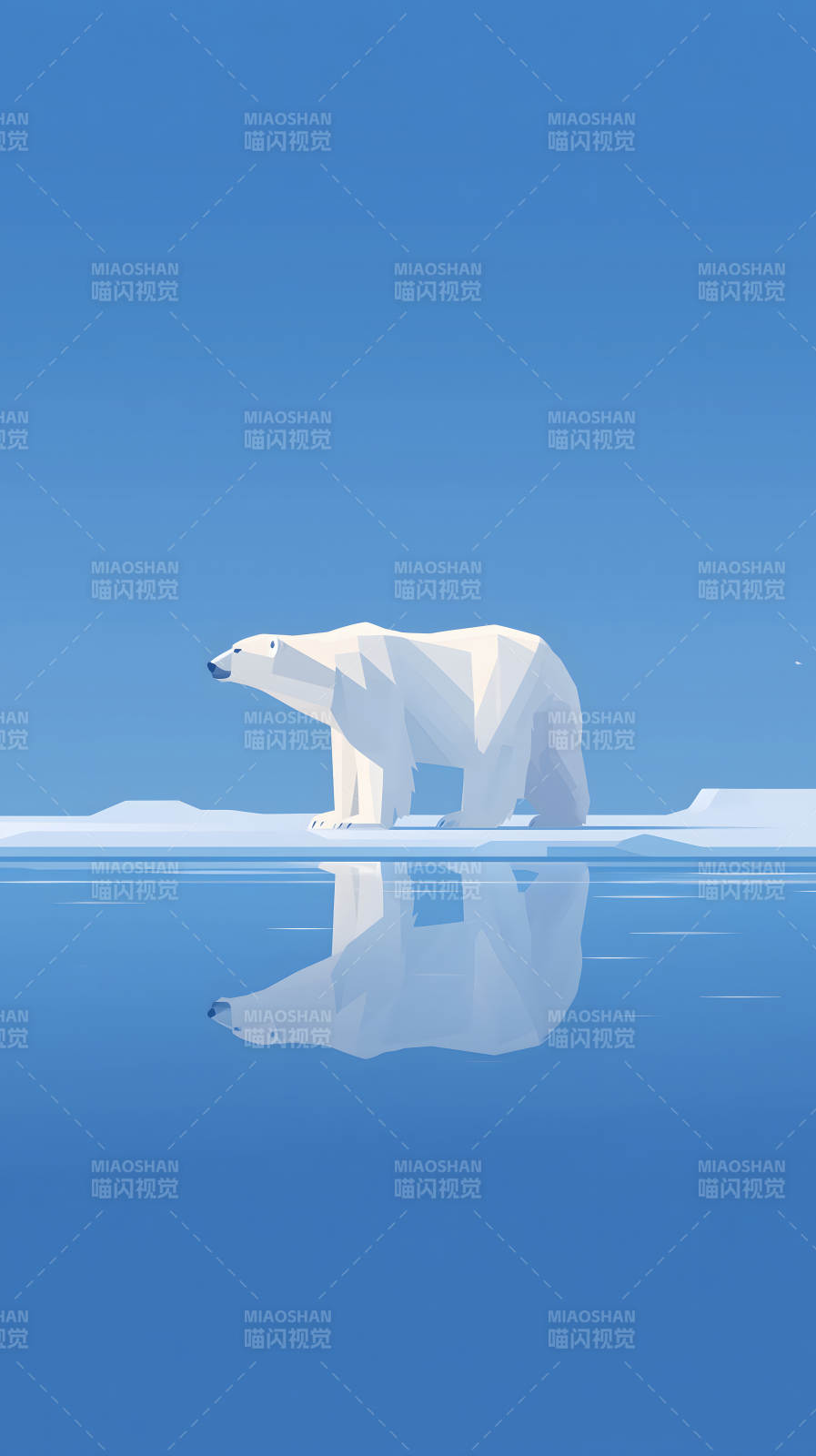 北极熊冰面倒影图片