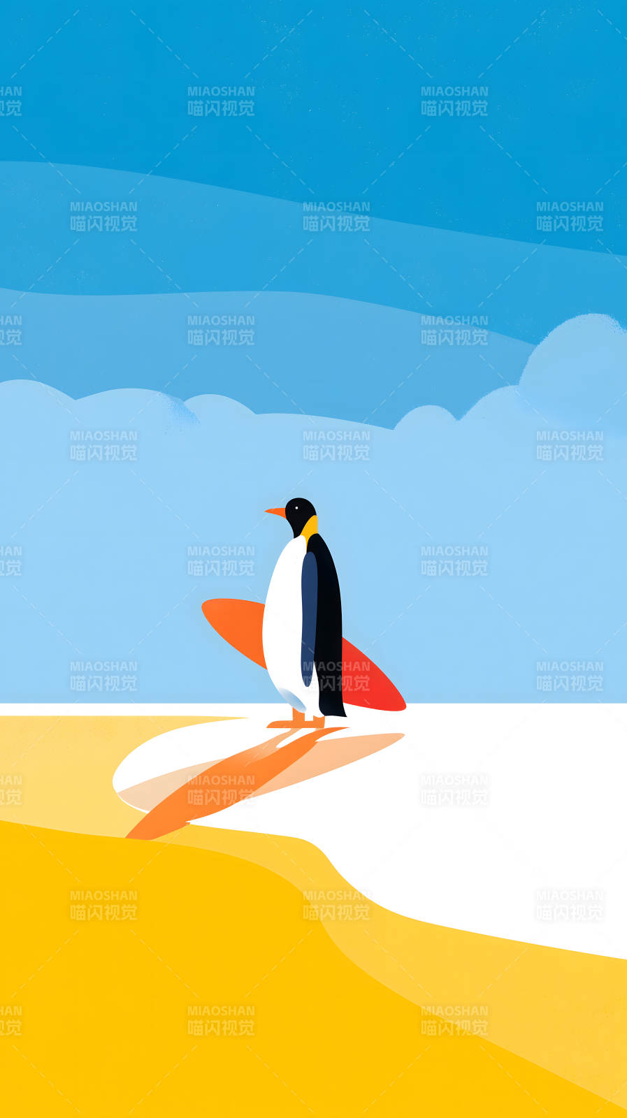 企鹅冲浪蓝天白云沙滩图片