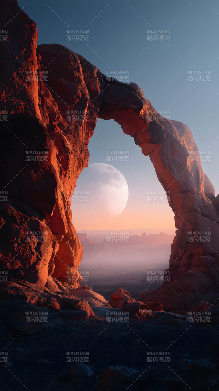 峡谷月亮下的岩石拱门图片