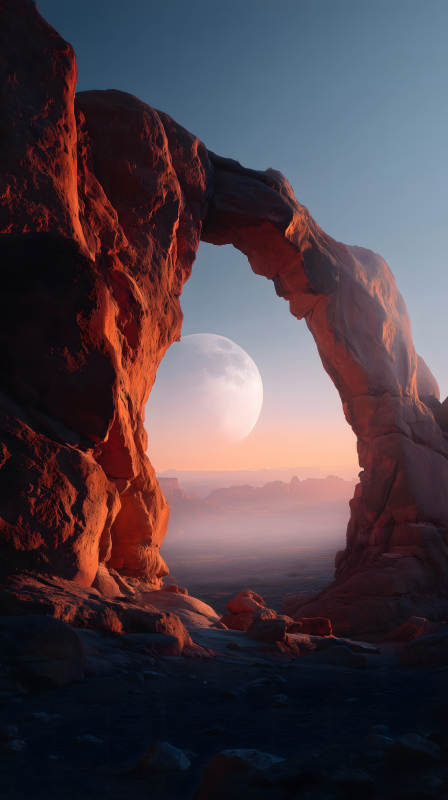 峡谷月亮下的岩石拱门图片