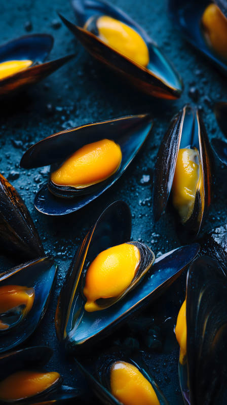 美味的蒸制贻贝特写图片