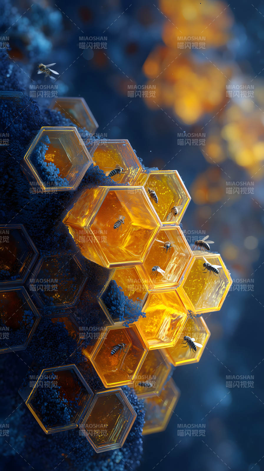 蜂巢闪耀蜜蜂飞舞图片