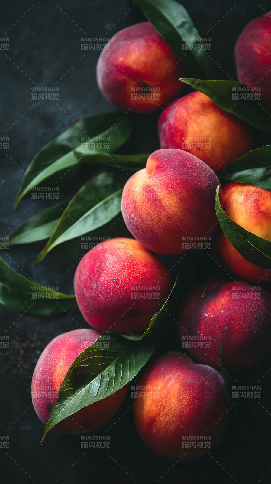 饱满的桃子和绿叶图片