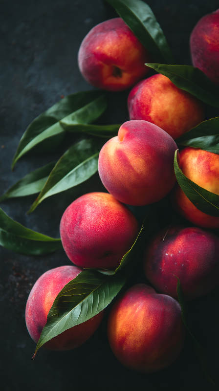 饱满的桃子和绿叶图片