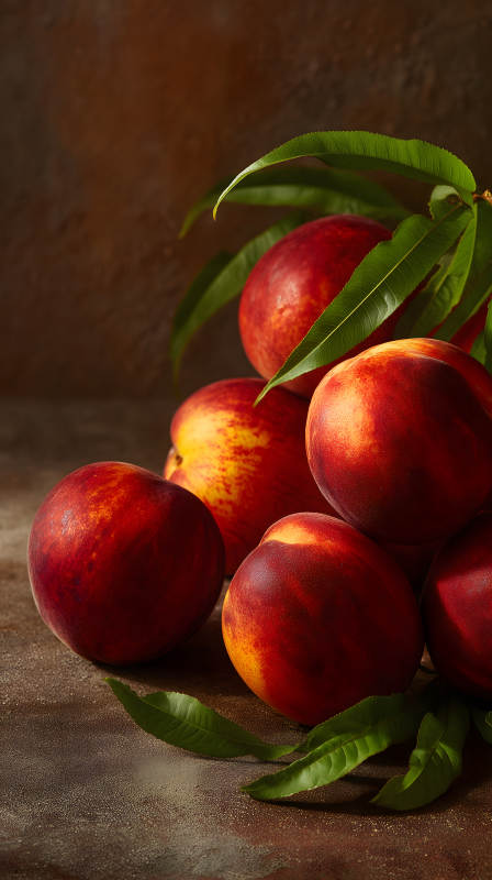 成熟的桃子与绿叶图片