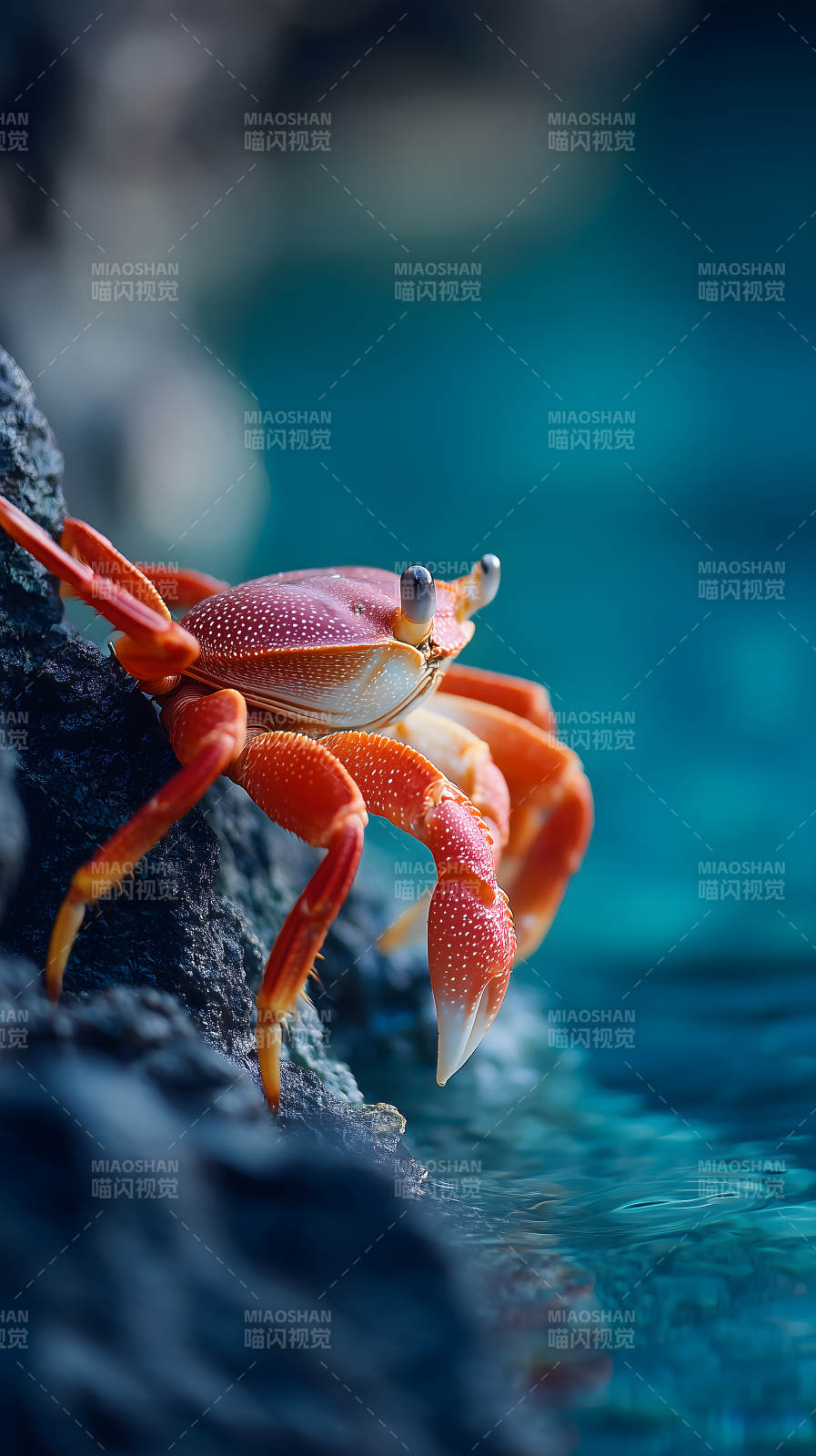 红蟹岩石水中特写图片