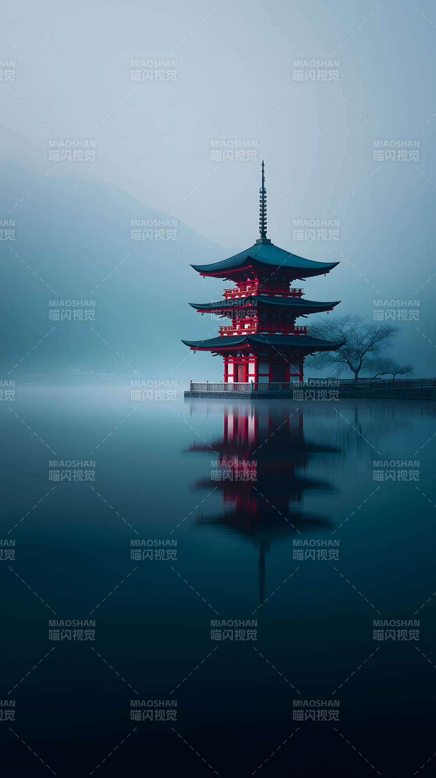 红塔静谧水面倒影图片