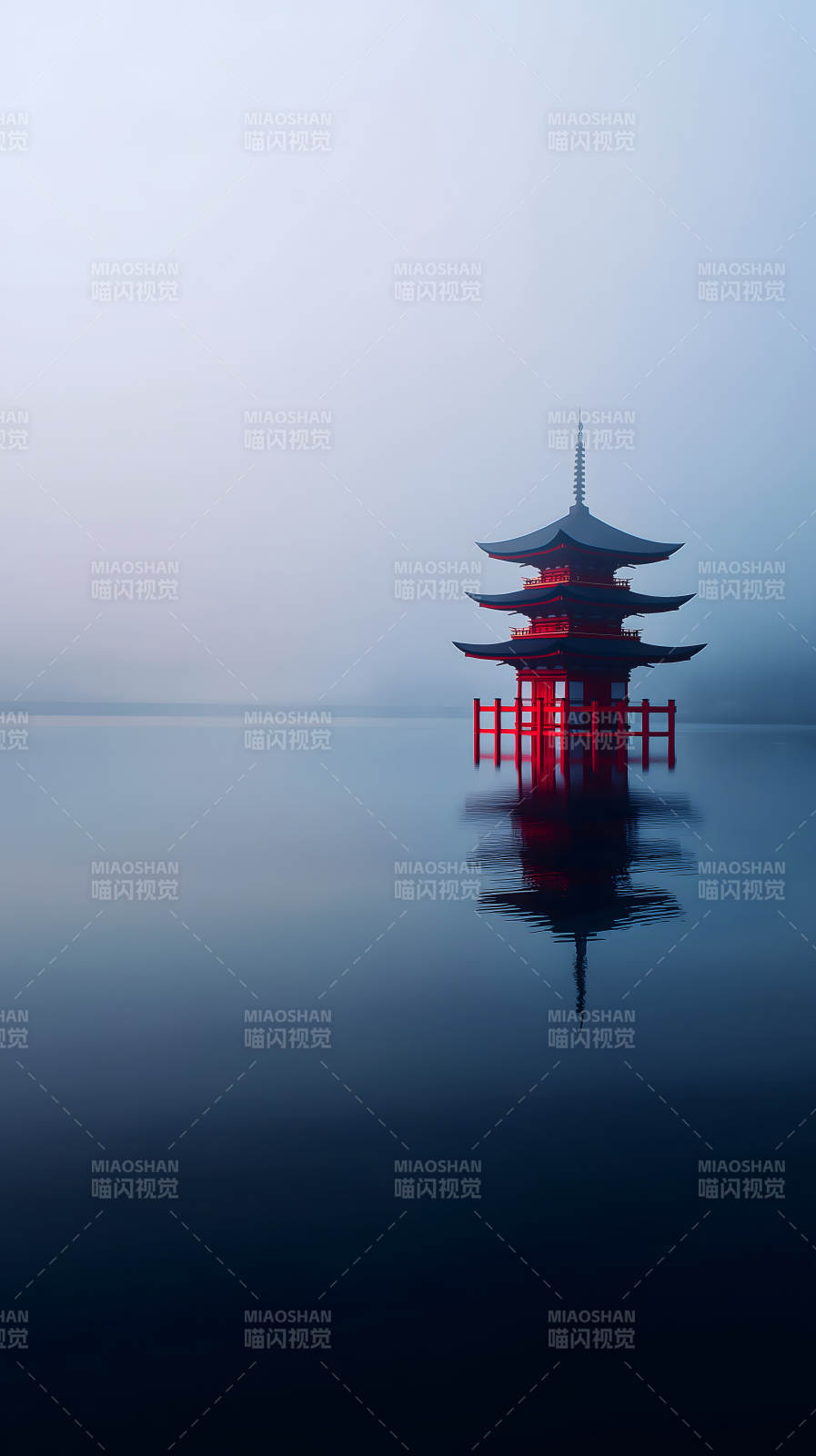 湖中红塔静谧倒影图片