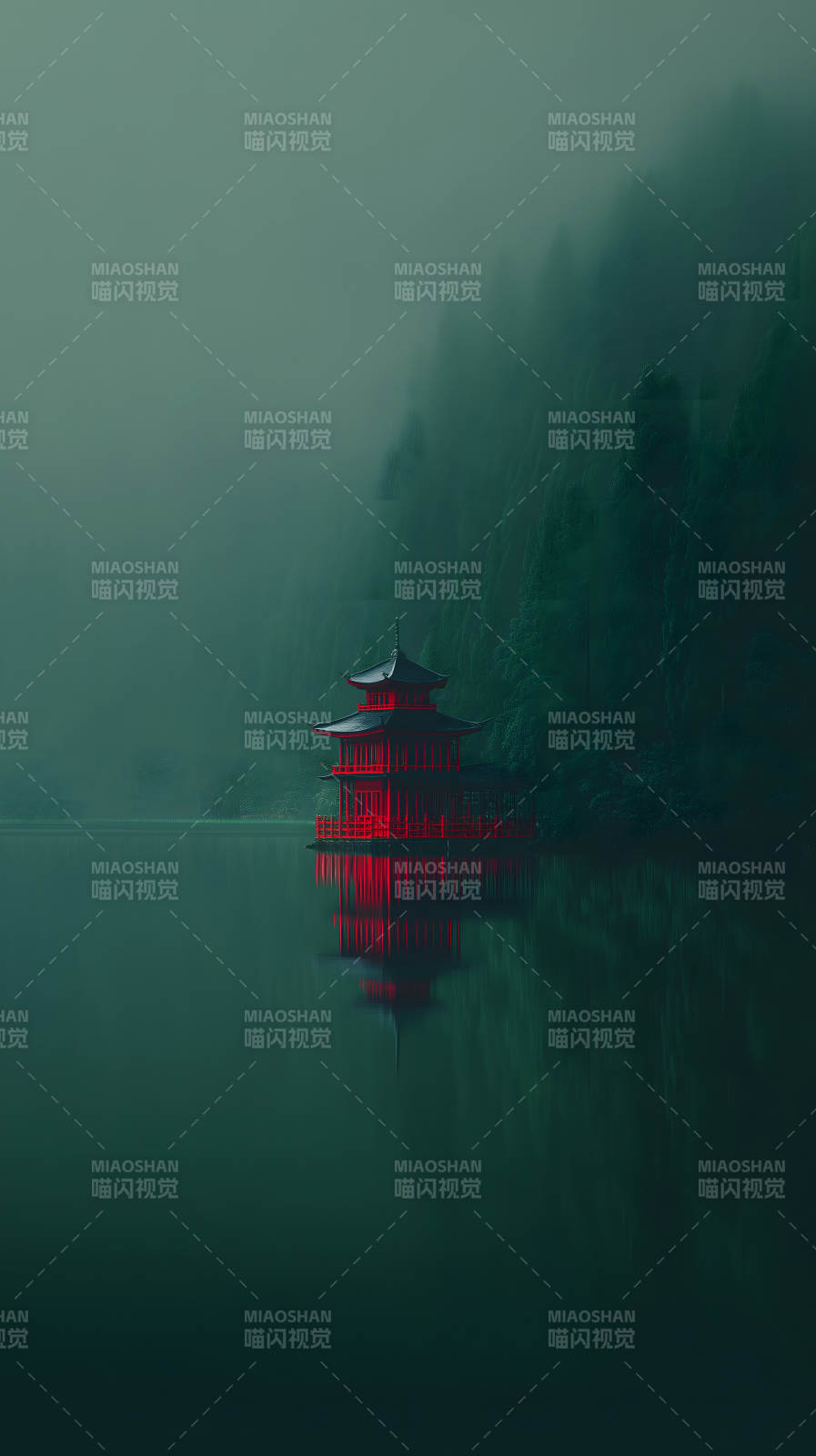 红寺静湖雾色图片