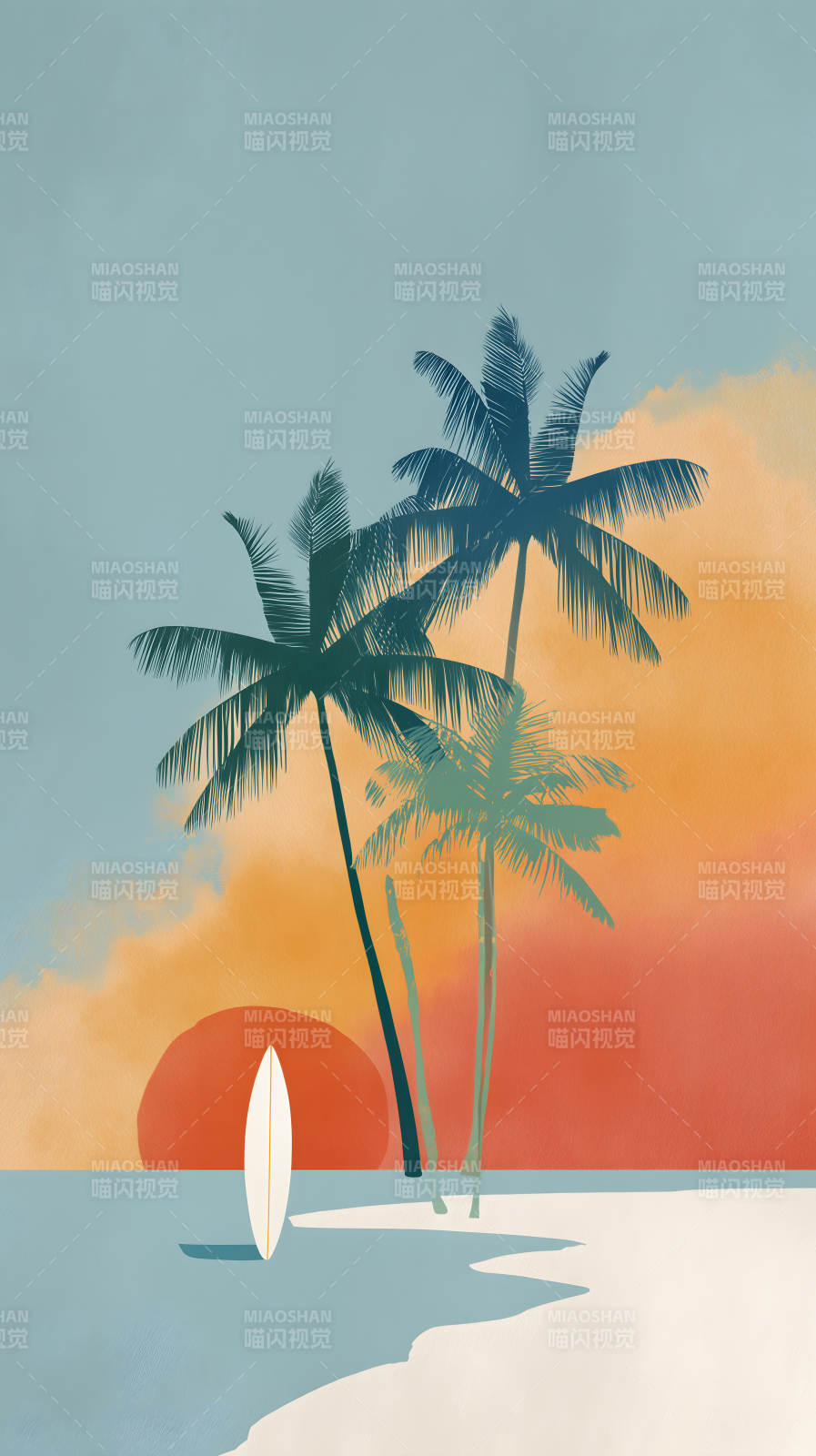 海滩夕阳椰树冲浪图片