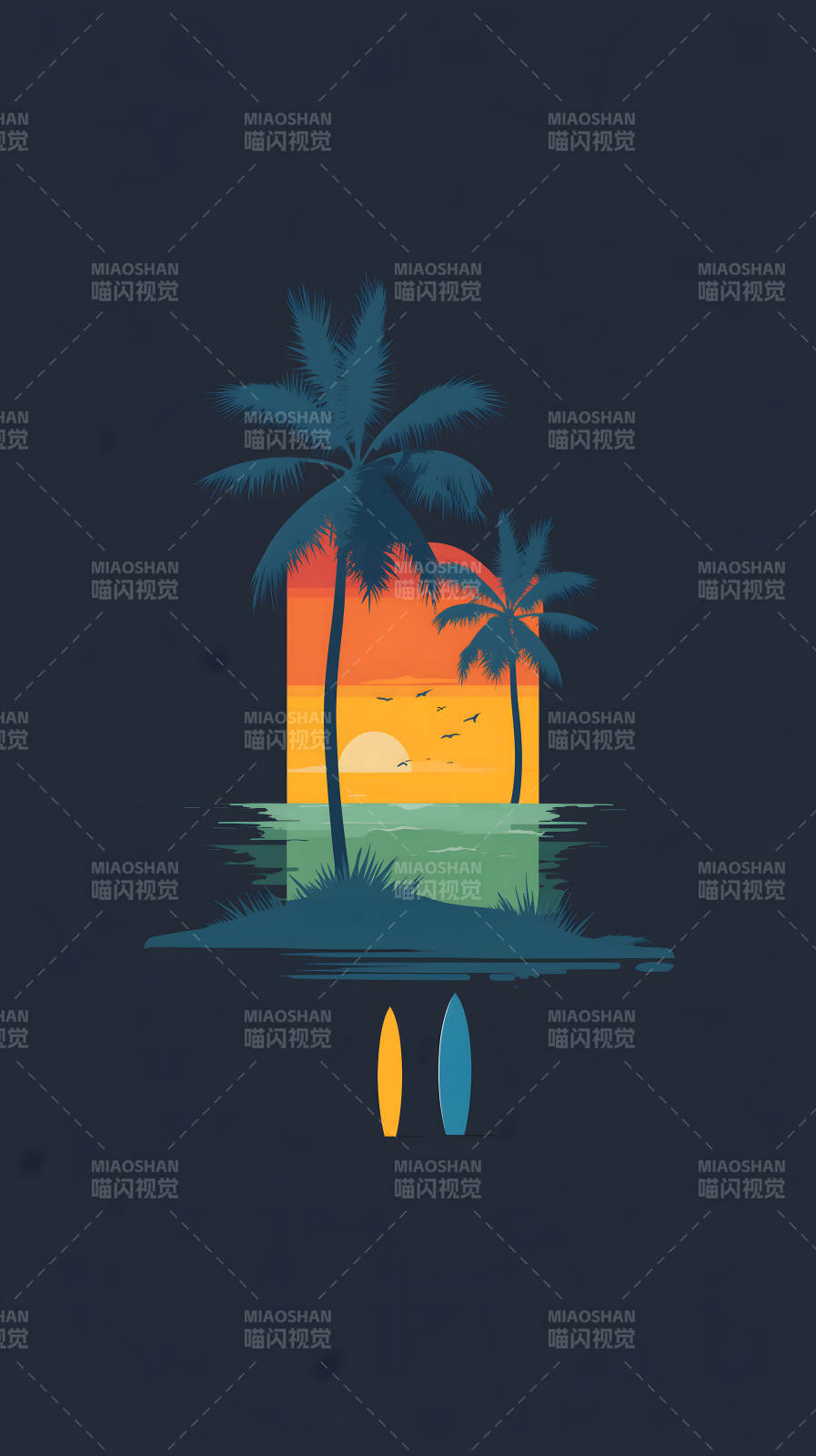 海滩日落椰树冲浪图片