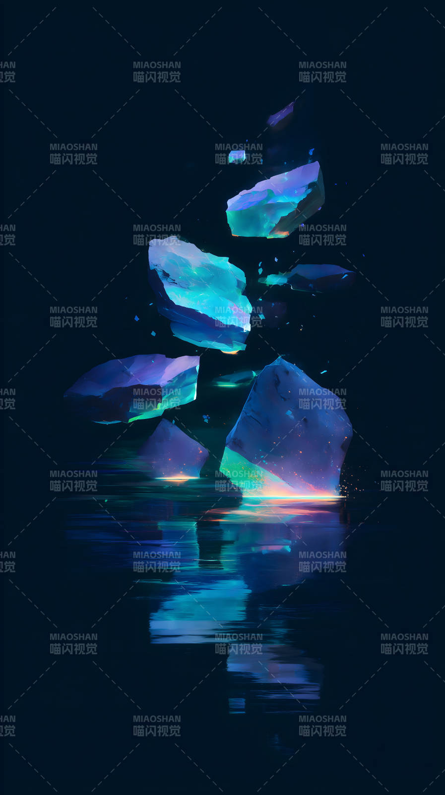 发光岩石坠入水中倒影图片