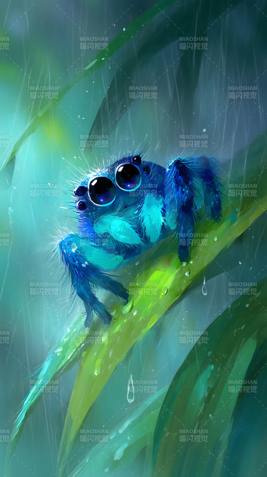 雨中可爱蓝色蜘蛛图片