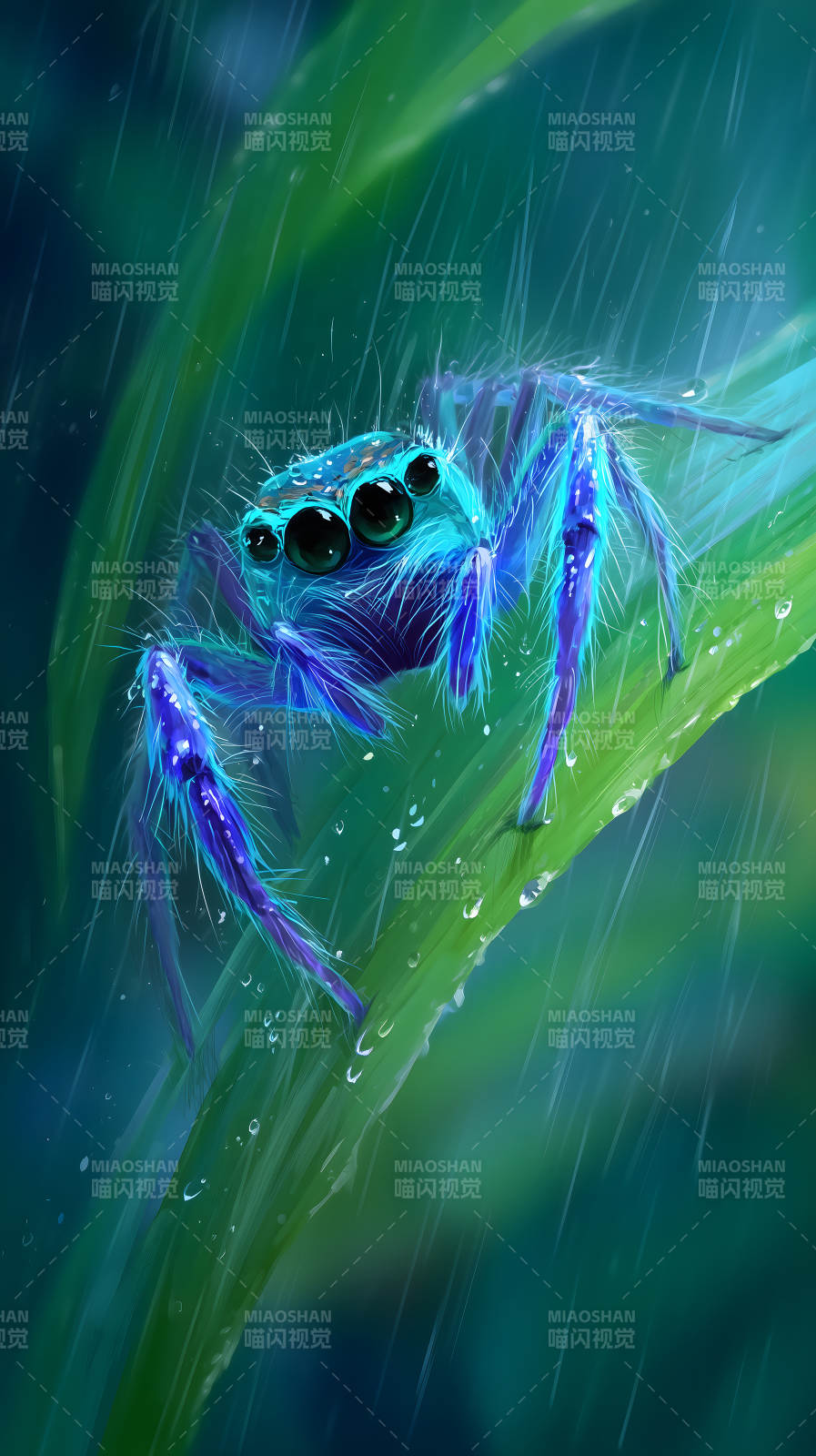 雨中蓝蜘蛛图片