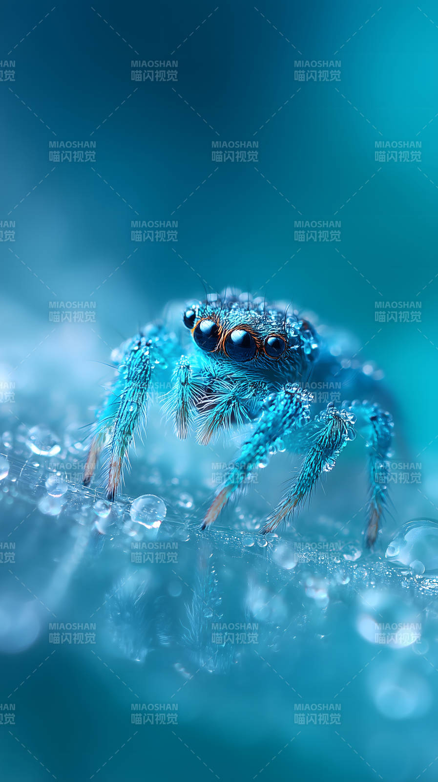 蓝色蜘蛛水滴晶莹剔透图片