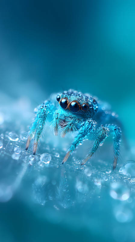 蓝色蜘蛛水滴晶莹剔透图片