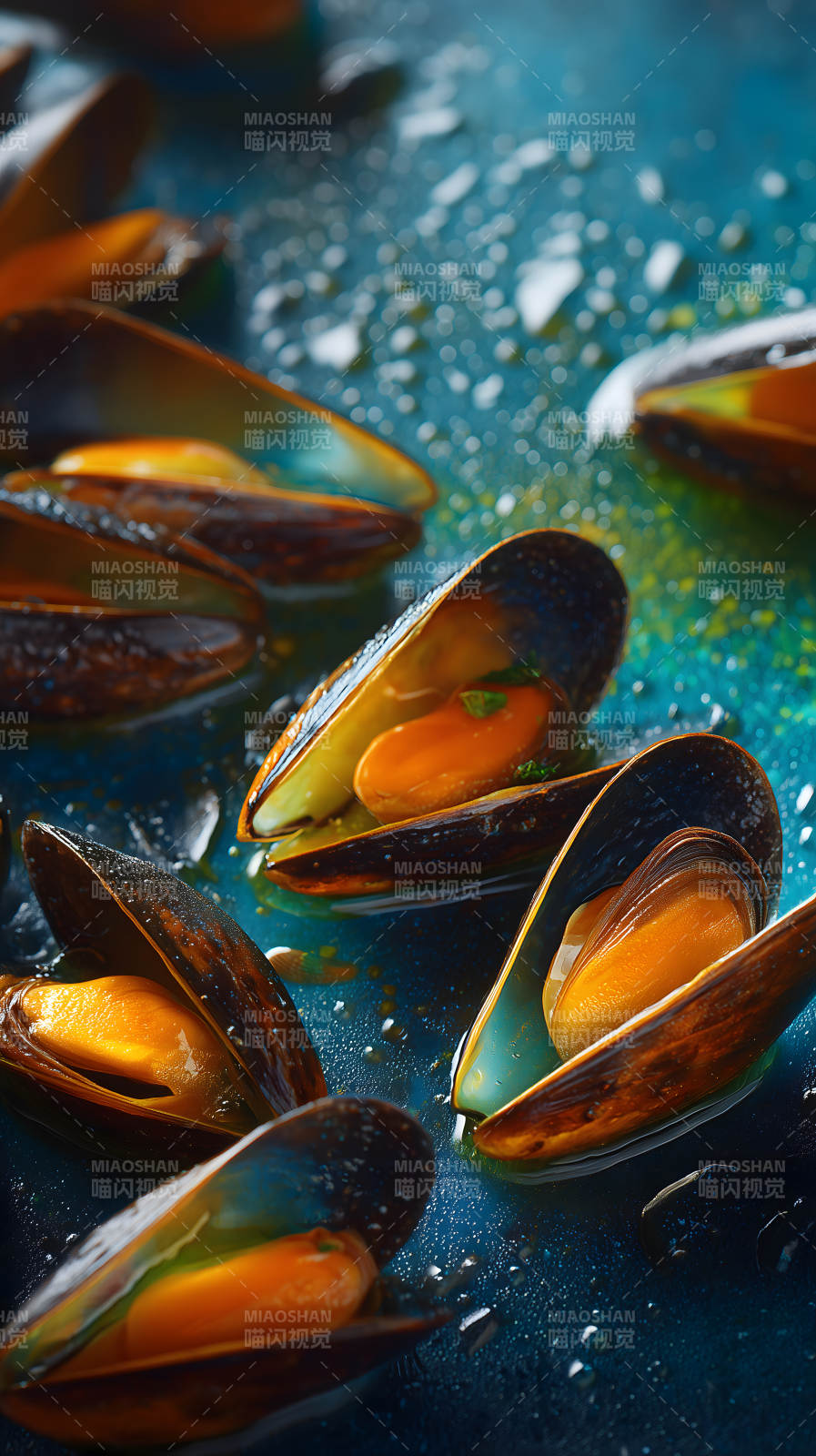 美味的煮熟贻贝特写图片