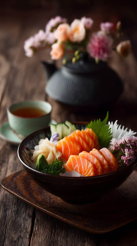 美味刺身搭配茶饮图片