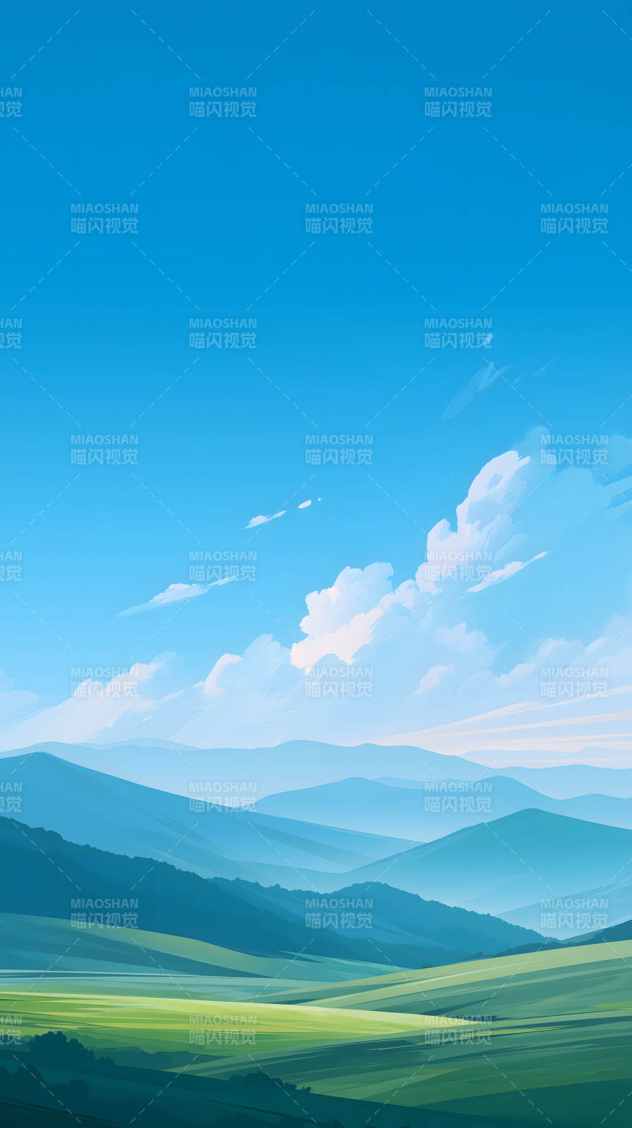 蓝天绿地山峦叠嶂风景画图片