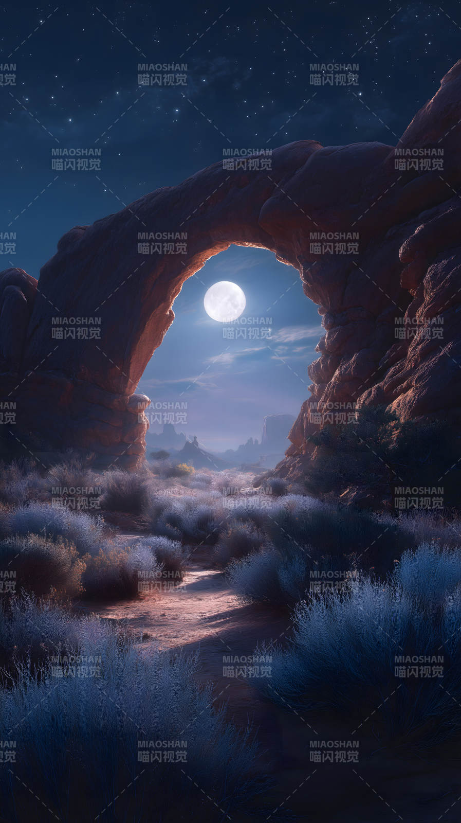月夜石拱门下的风景图片