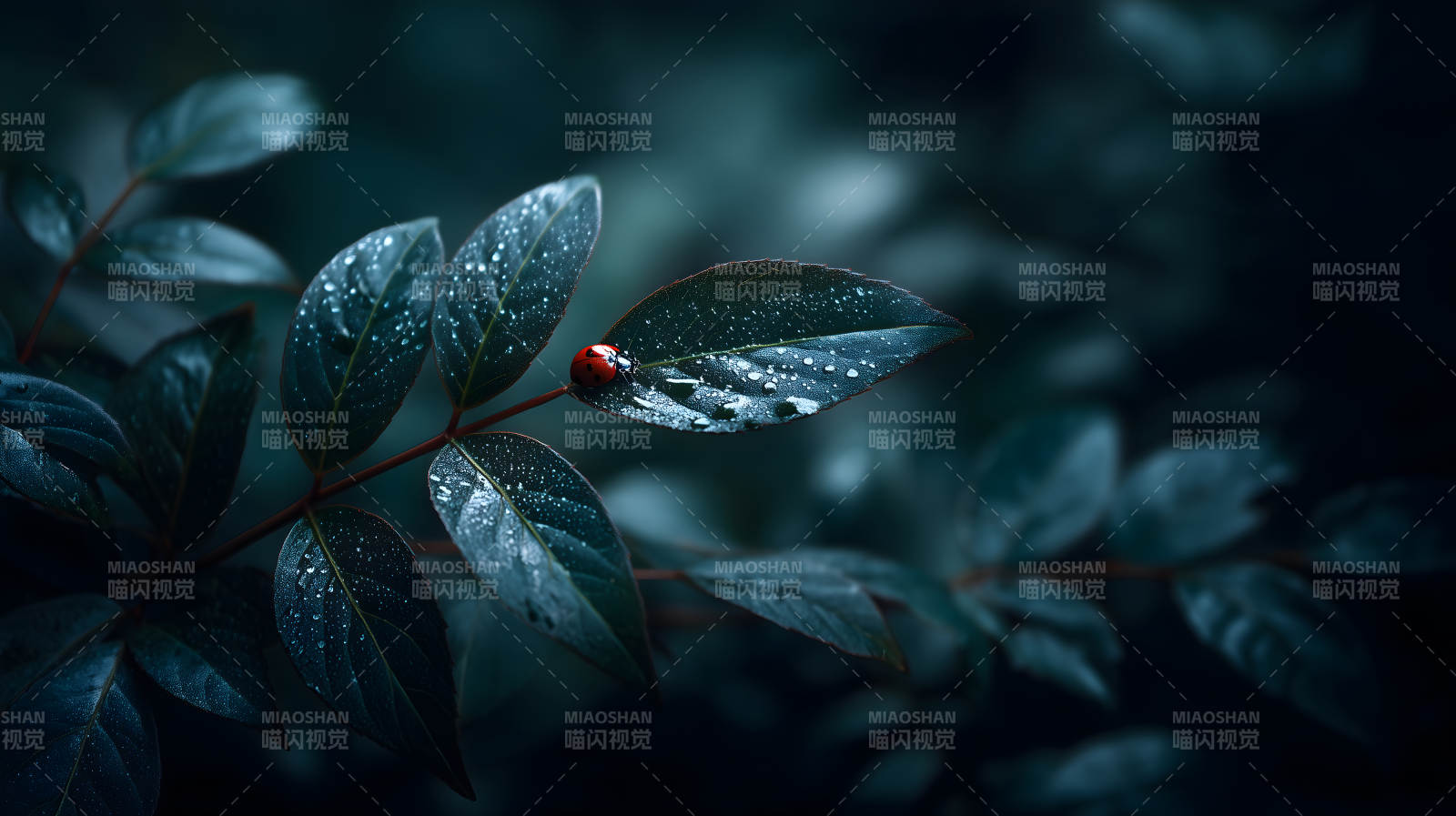 雨中叶片与瓢虫图片