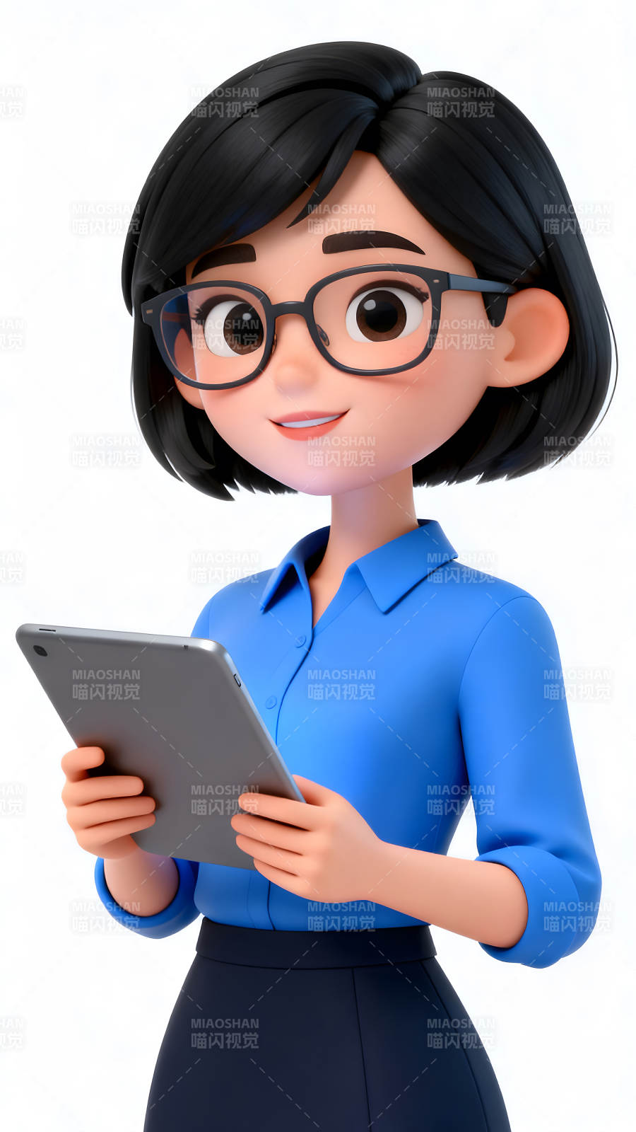 卡通女性拿着平板电脑微笑图片