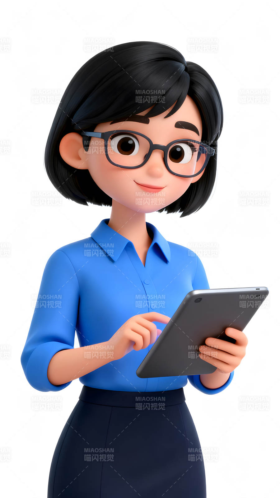 戴眼镜的卡通女性使用平板电脑图片