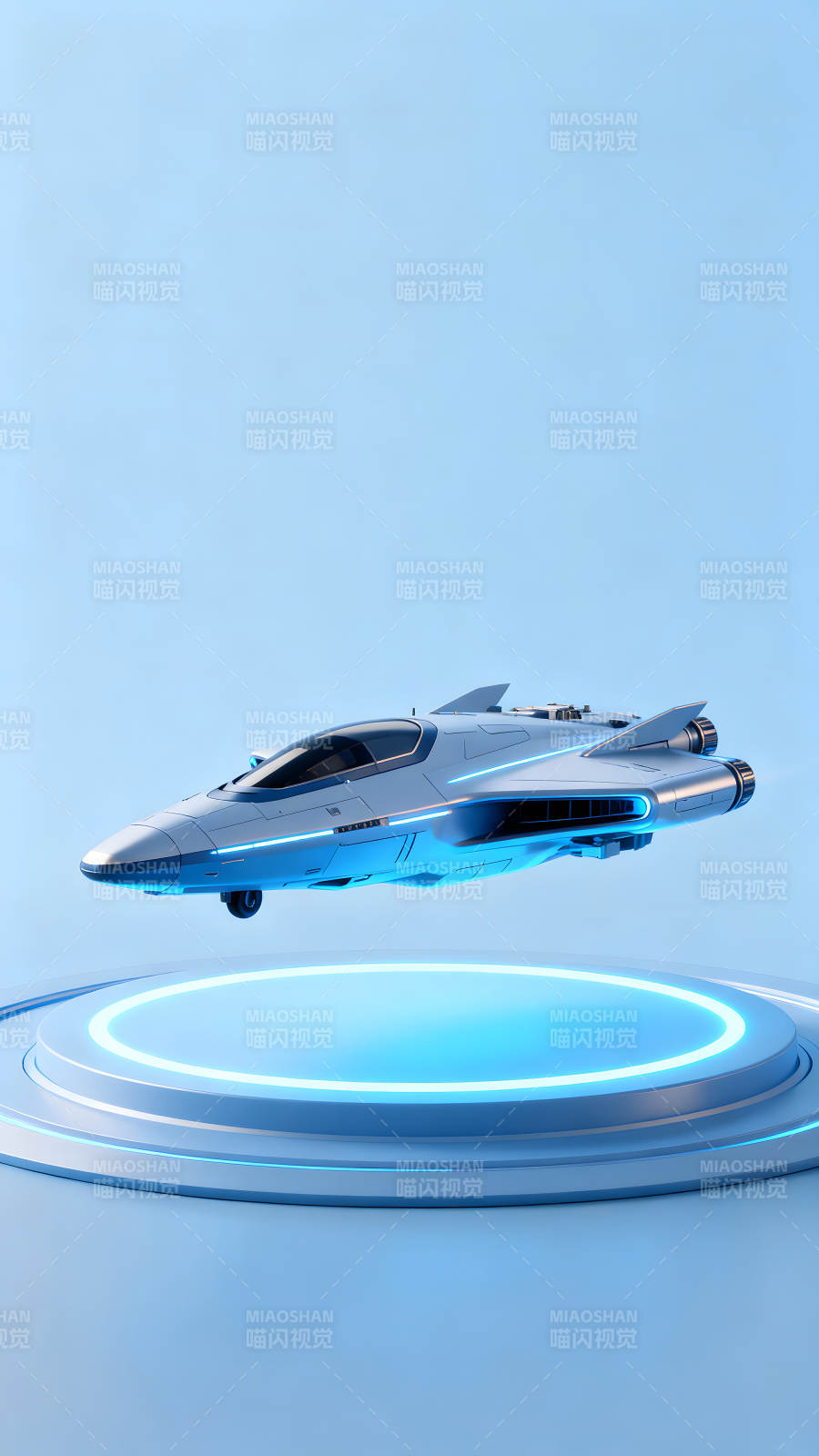 未来科技飞行器悬浮在蓝色舞台上图片