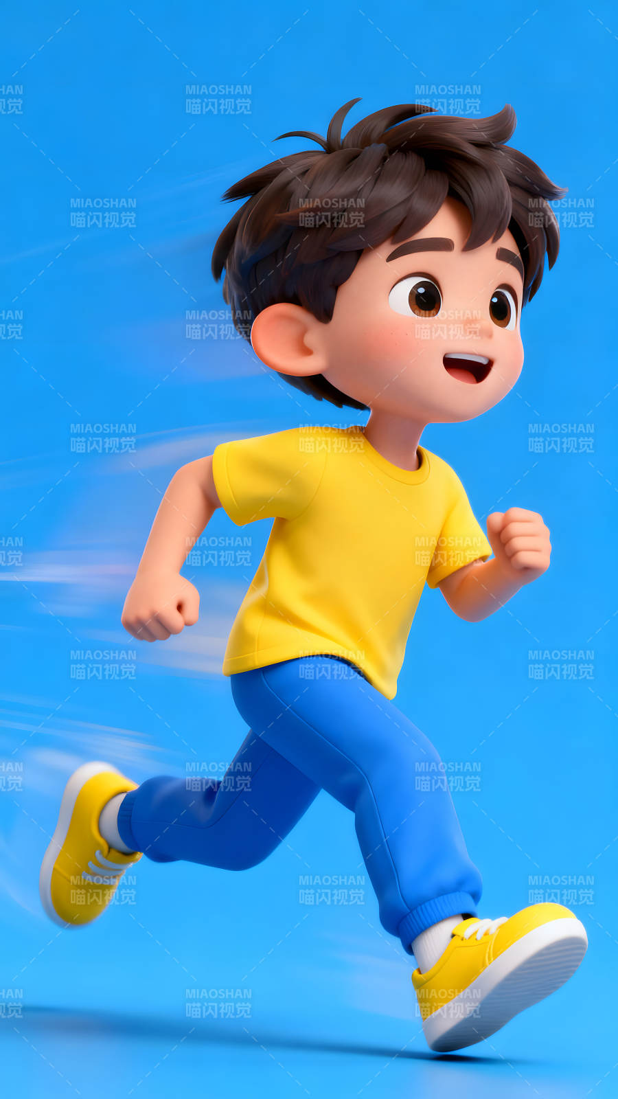 卡通男孩奔跑在蓝色背景上图片