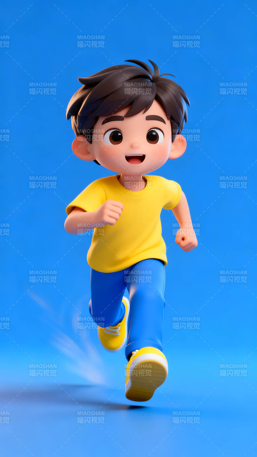 卡通男孩奔跑在蓝色背景上图片