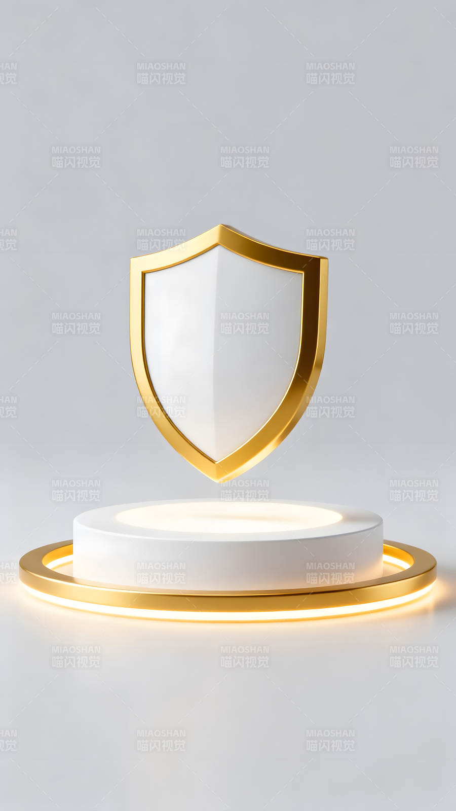 金色盾牌置于发光底座上图片