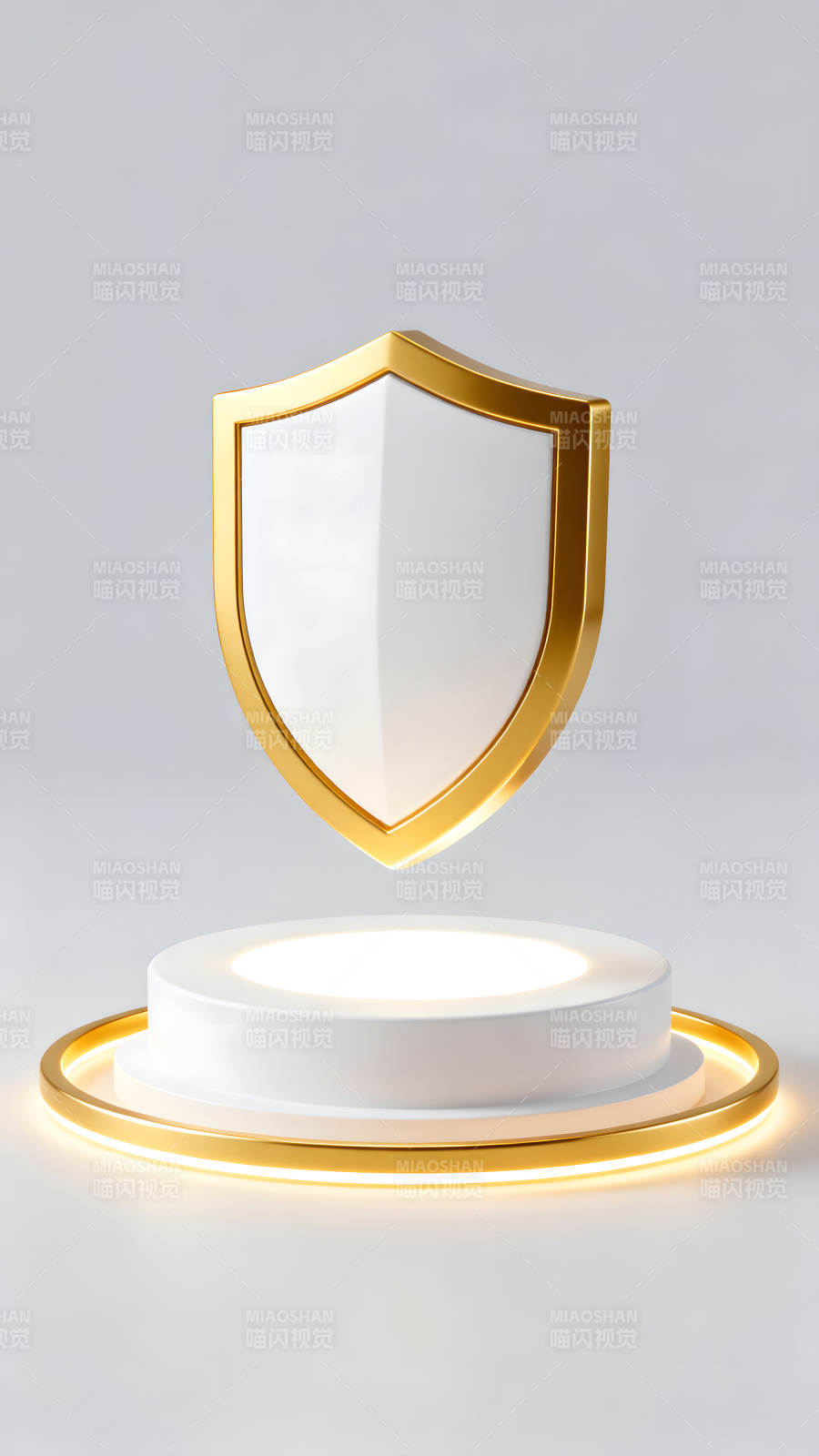 金边盾牌置于白色底座之上图片