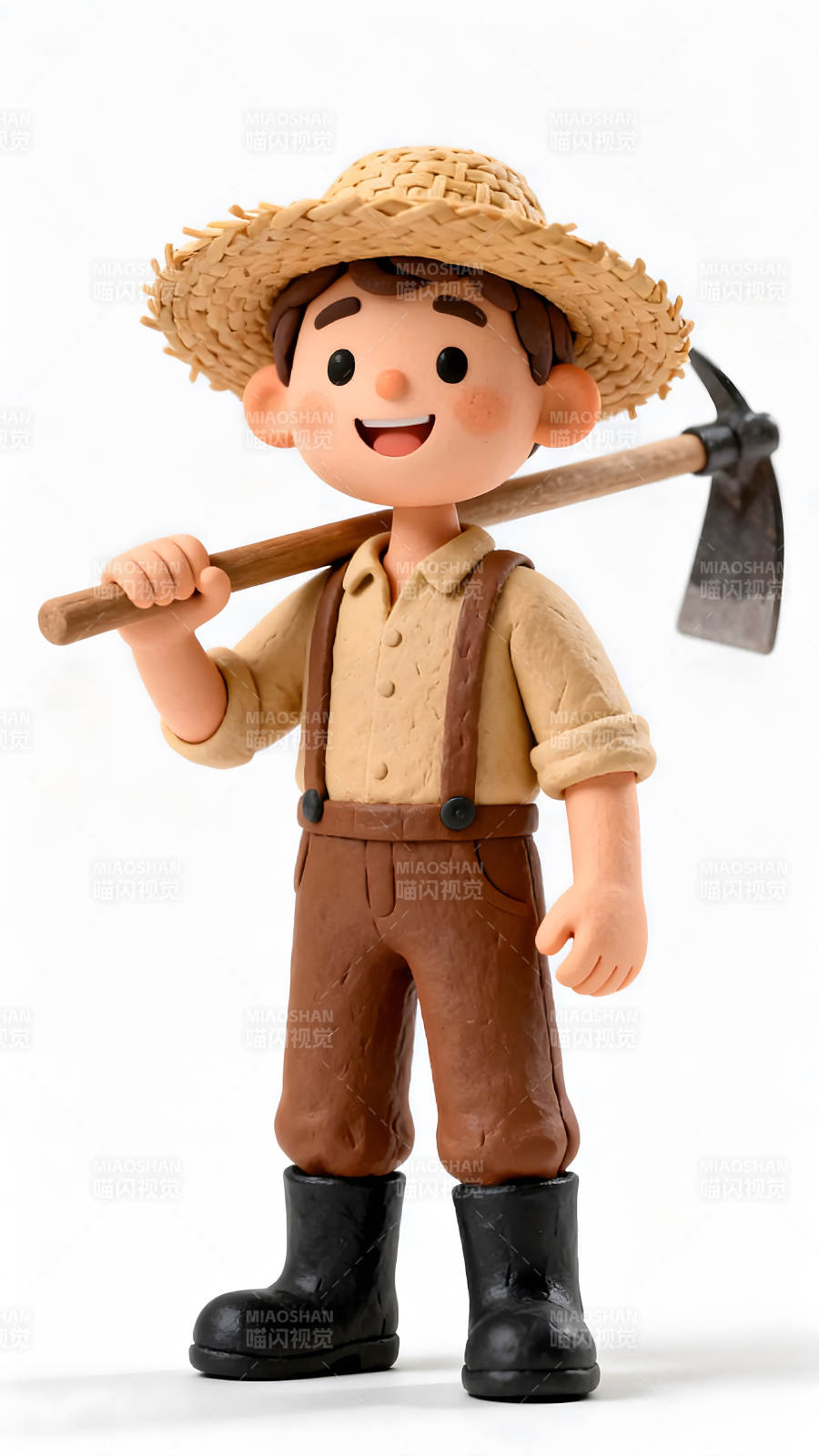 泥塑农夫卡通形象手持锄头面带微笑图片