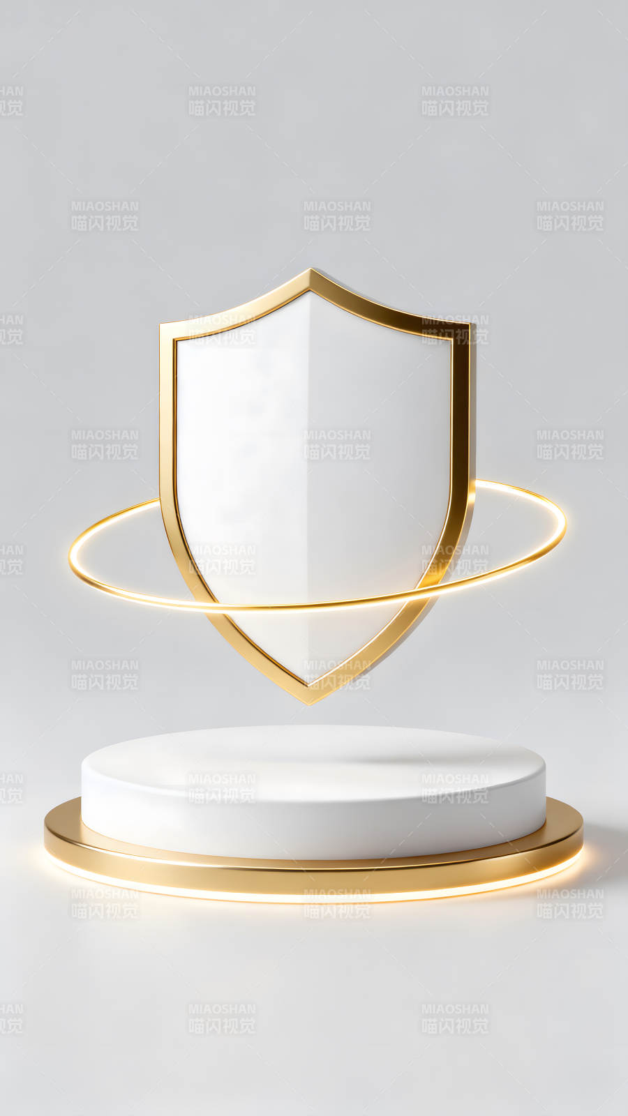 金色盾牌和白色底座的3D渲染图图片