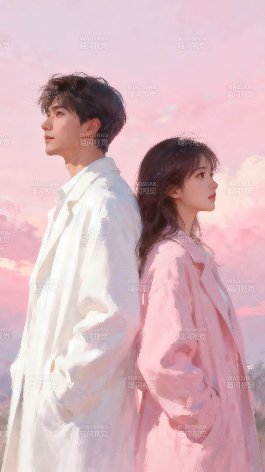 情侣相依仰望天空图片