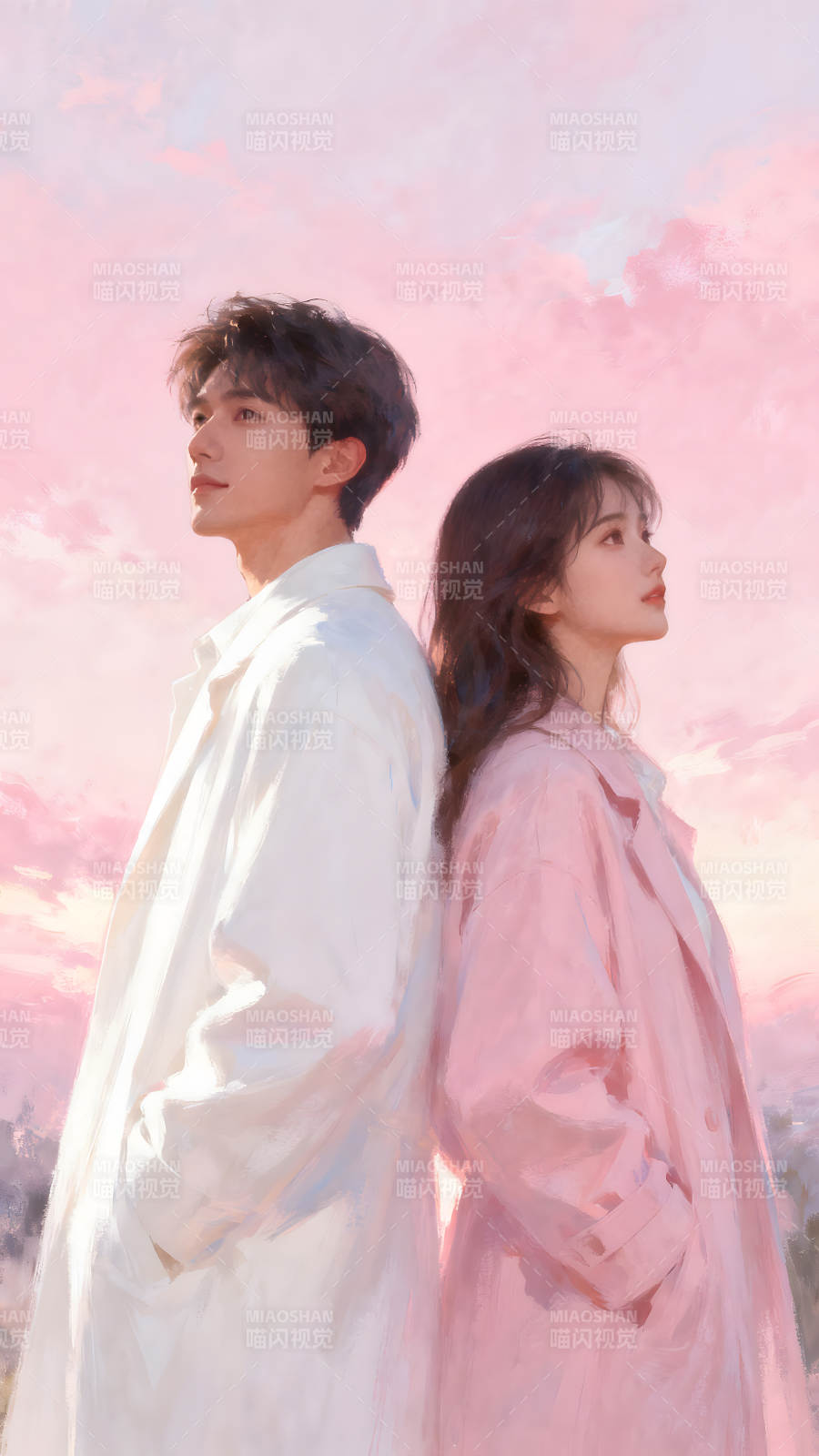 粉色天空下的情侣图片