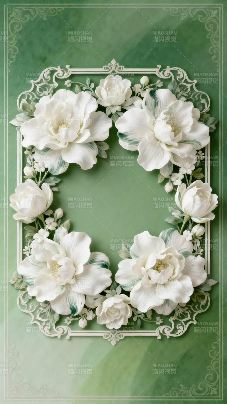 白色花朵环绕的绿色背景装饰画图片