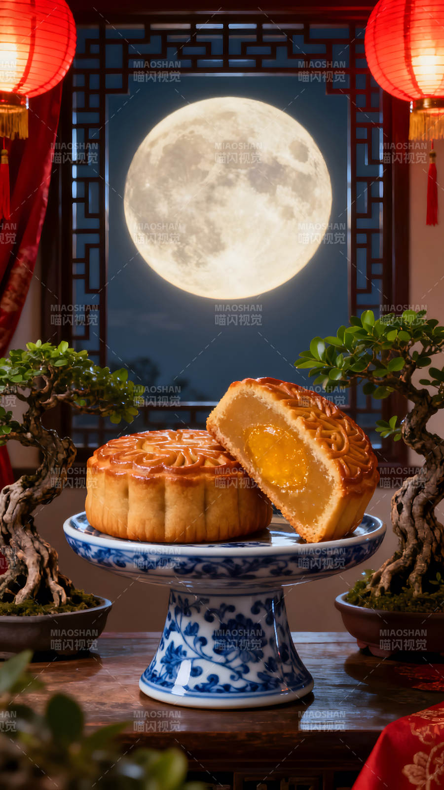 中秋月饼与圆月图片